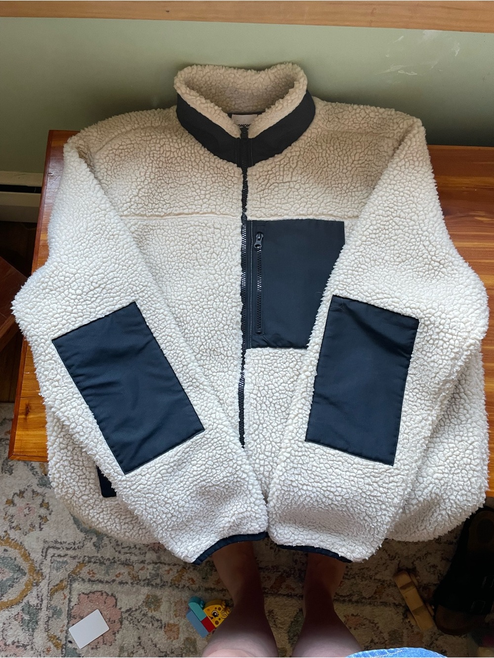Men's full zip Cream Sherpa Fleece Jacket with Black Trim
